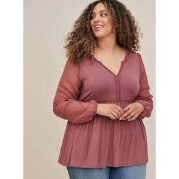 Torrid Babydoll Fabric Mix Super Soft Balloon Chiffon Sleeve Top Mauve Pink 4X - Picture 11 of 11